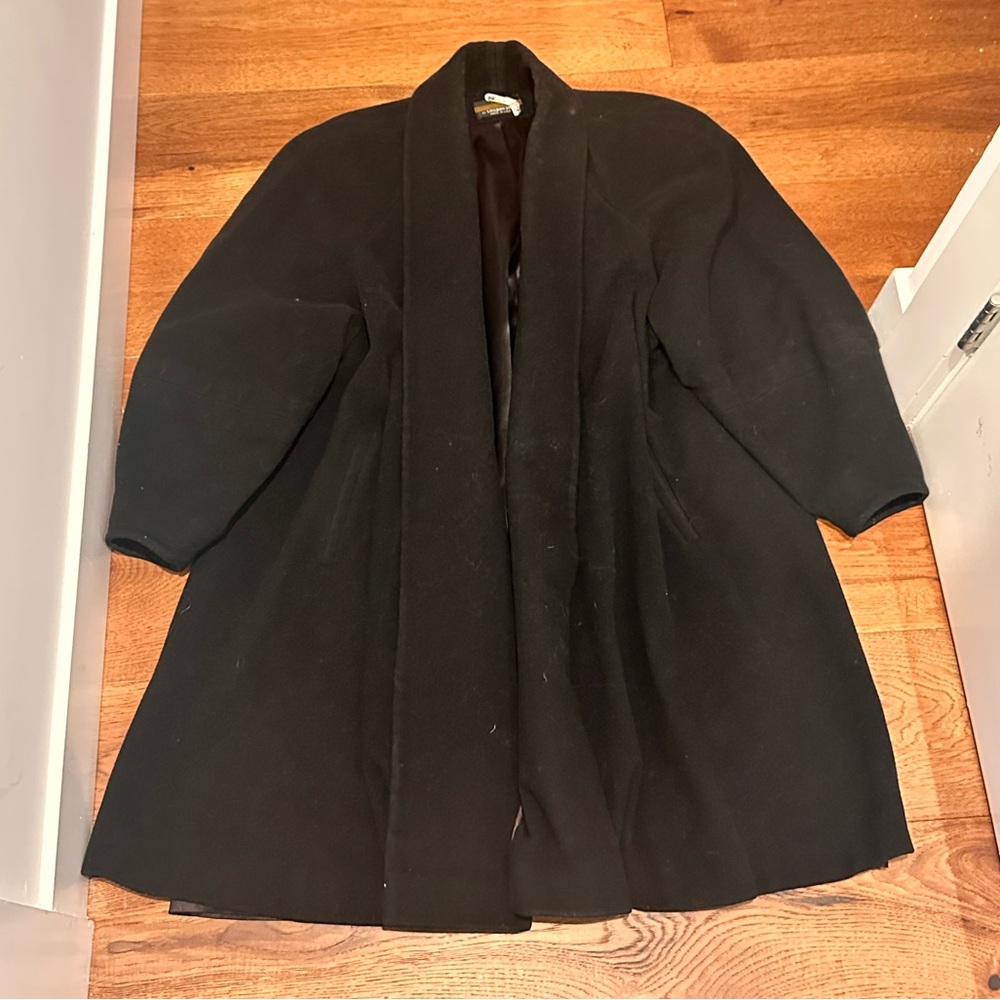 Women's Black Wool Shawl-Collar A-Line Open Trench Coat